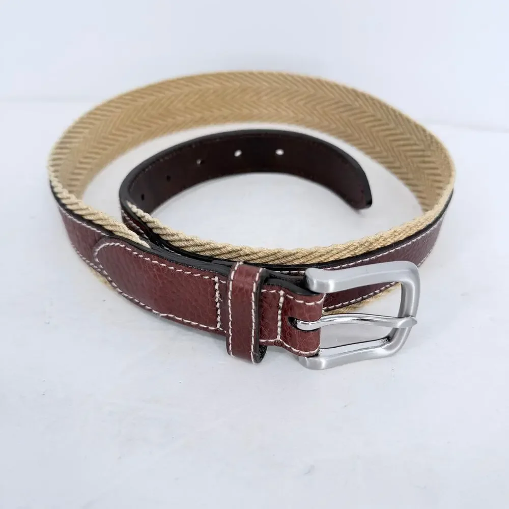Vineyard Vines Tan Woven Cotton Leather Belt Brown Trim Silver Buckle Size 32